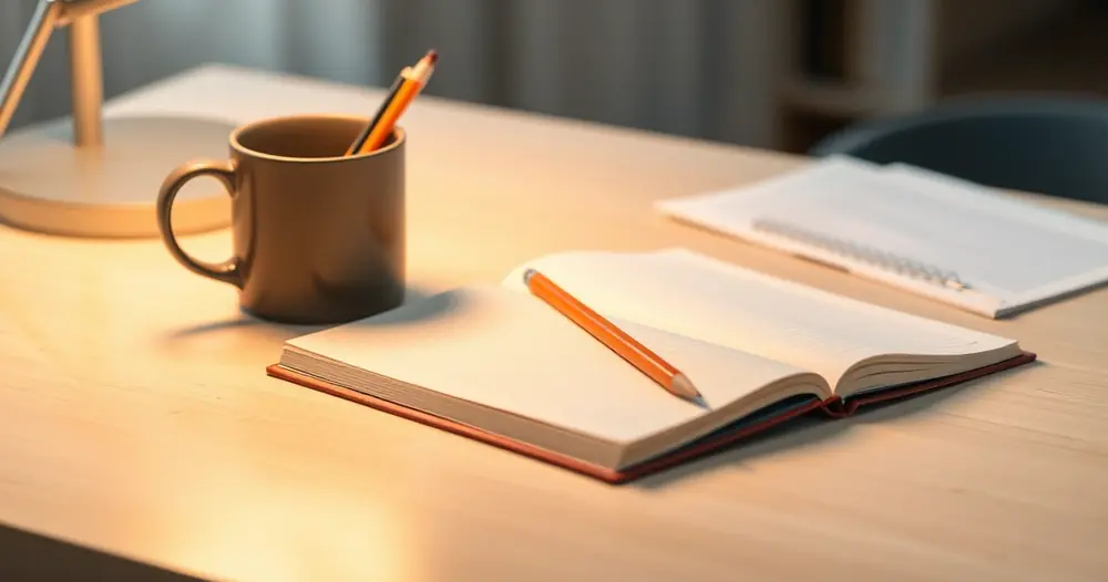 Caderno aberto, lápis e uma caneca sobre a mesa de estudo
