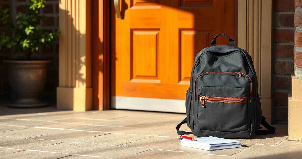 Mochila escolar e cadernos junto à porta, pela manhã