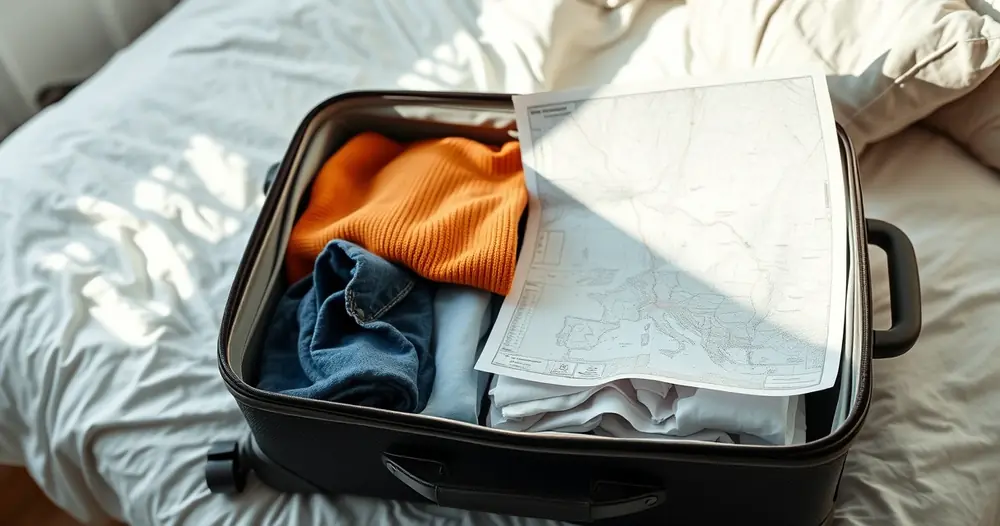 Mala aberta com roupas dobradas e um mapa de papel sobre a cama