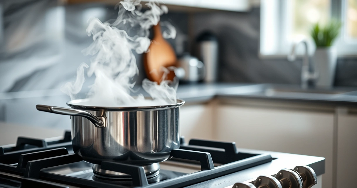 Panela sobre o fogão, com vapor subindo, e a bancada desfocada ao fundo