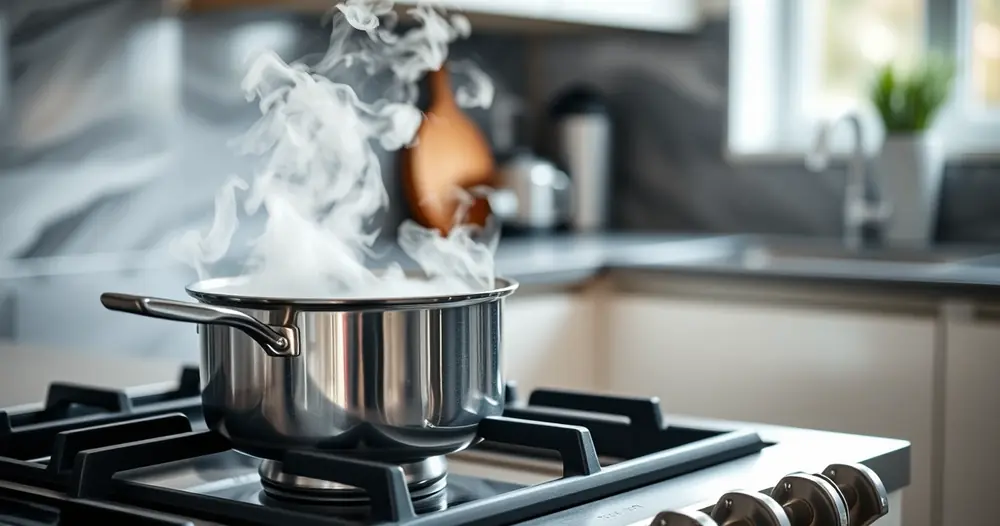Panela sobre o fogão, com vapor subindo, e a bancada desfocada ao fundo