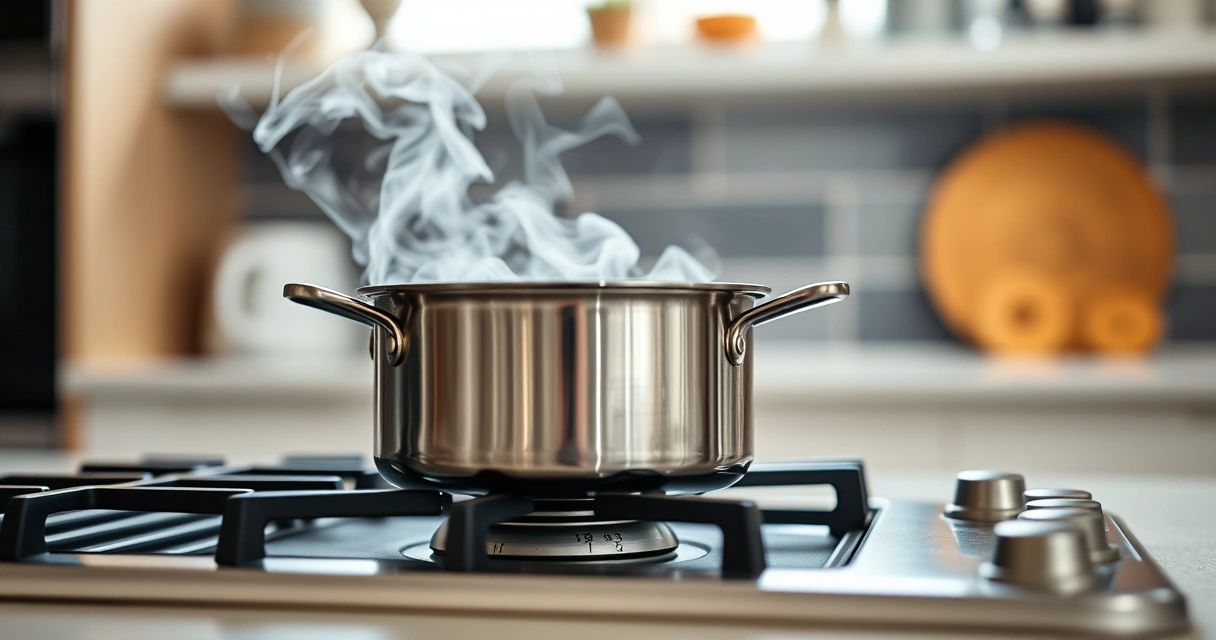 Panela sobre o fogão, com vapor subindo, e a bancada desfocada ao fundo