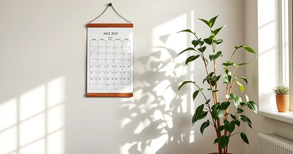 Calendário de parede e um vaso de planta no canto de uma sala
