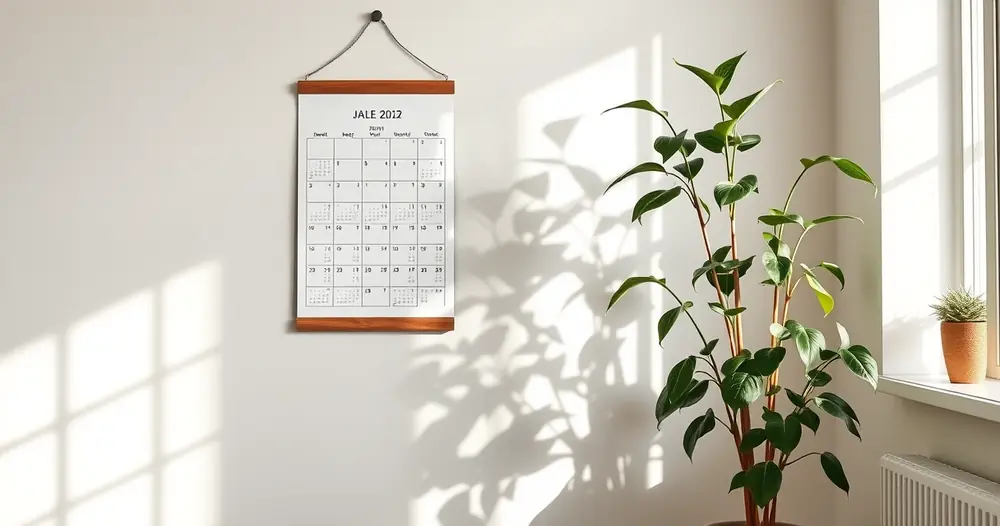 Calendário de parede e um vaso de planta no canto de uma sala