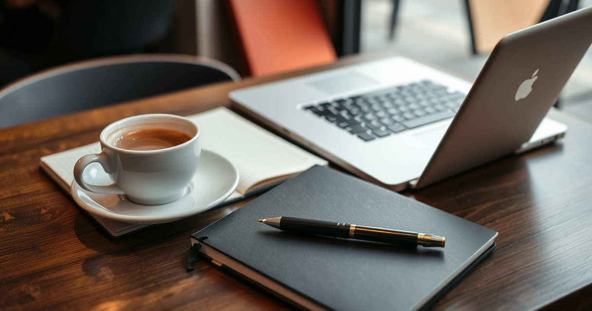 Caderno, café e notebook sobre a mesa de uma cafeteria