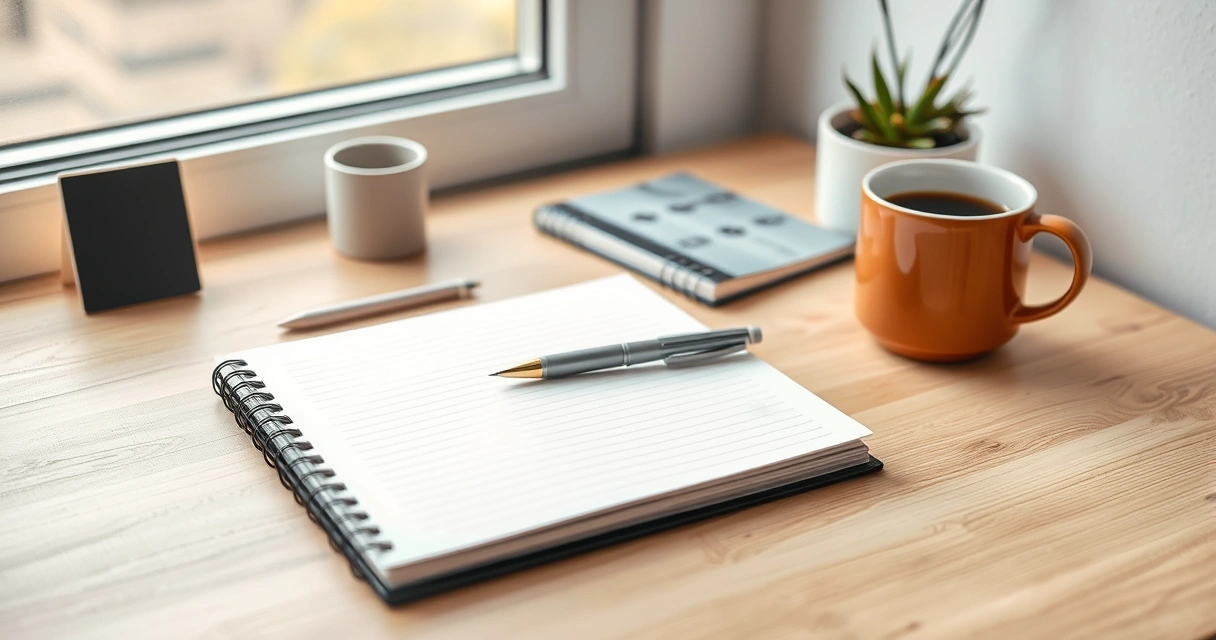 Escrivaninha organizada com caderno, caneta e xícara de café