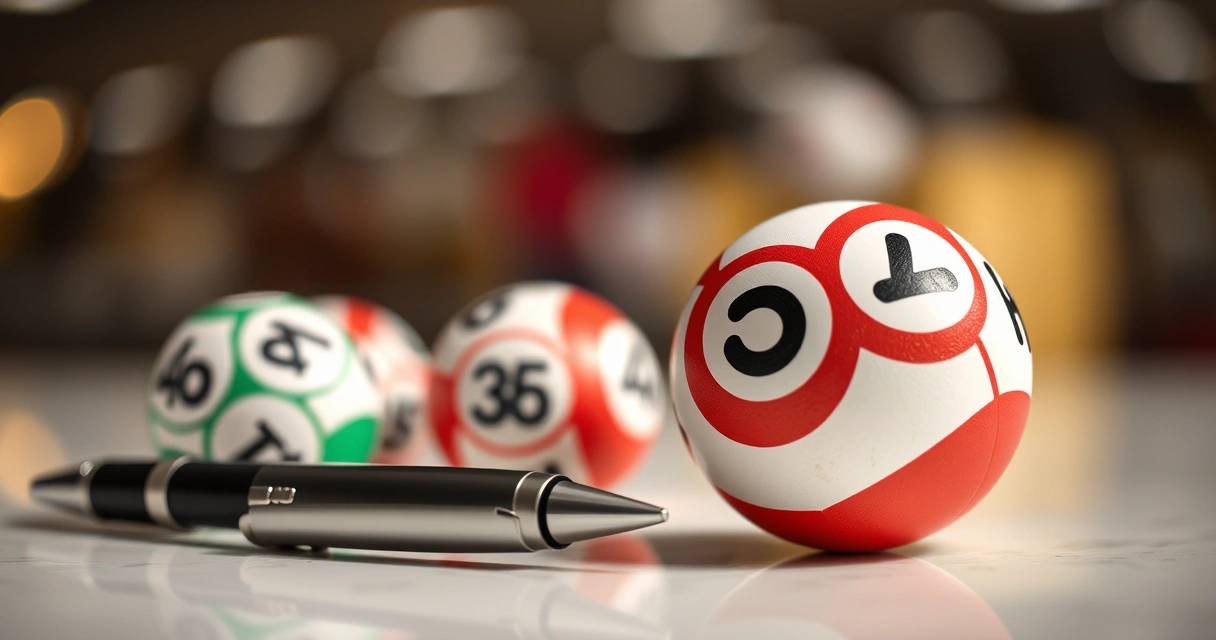Bolas de sorteio e uma caneta sobre um balcão