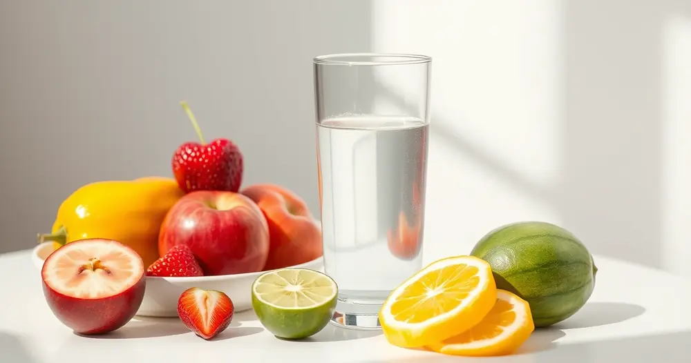 Copo de água e frutas frescas sobre uma mesa clara