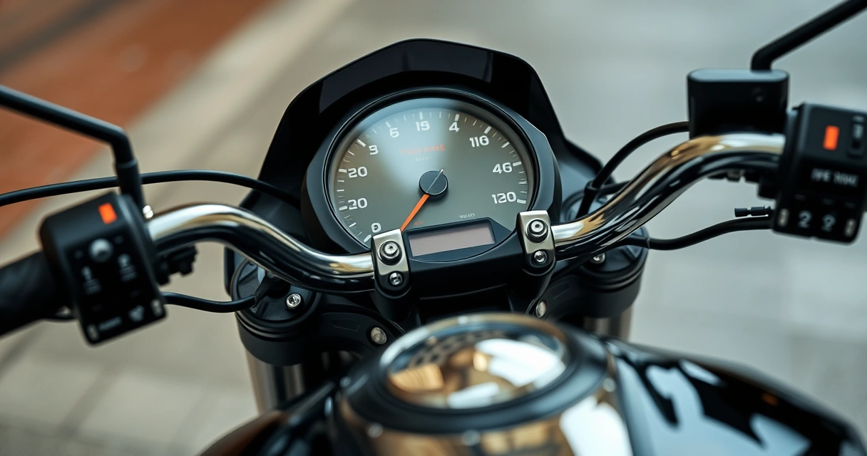 Painel e guidão de uma motocicleta, em close