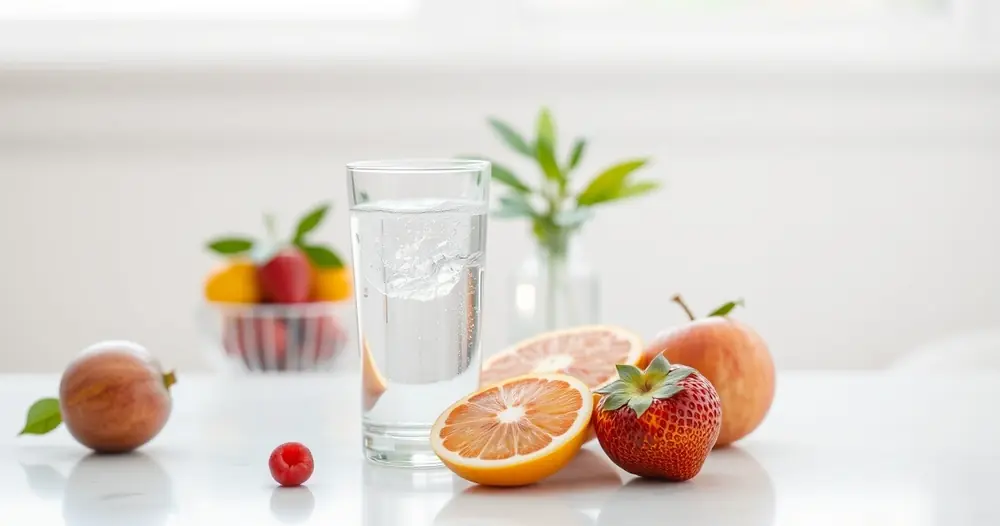 Copo de água e frutas frescas sobre uma mesa clara