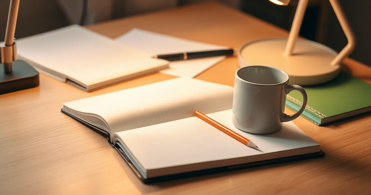 Caderno aberto, lápis e uma caneca sobre a mesa de estudo