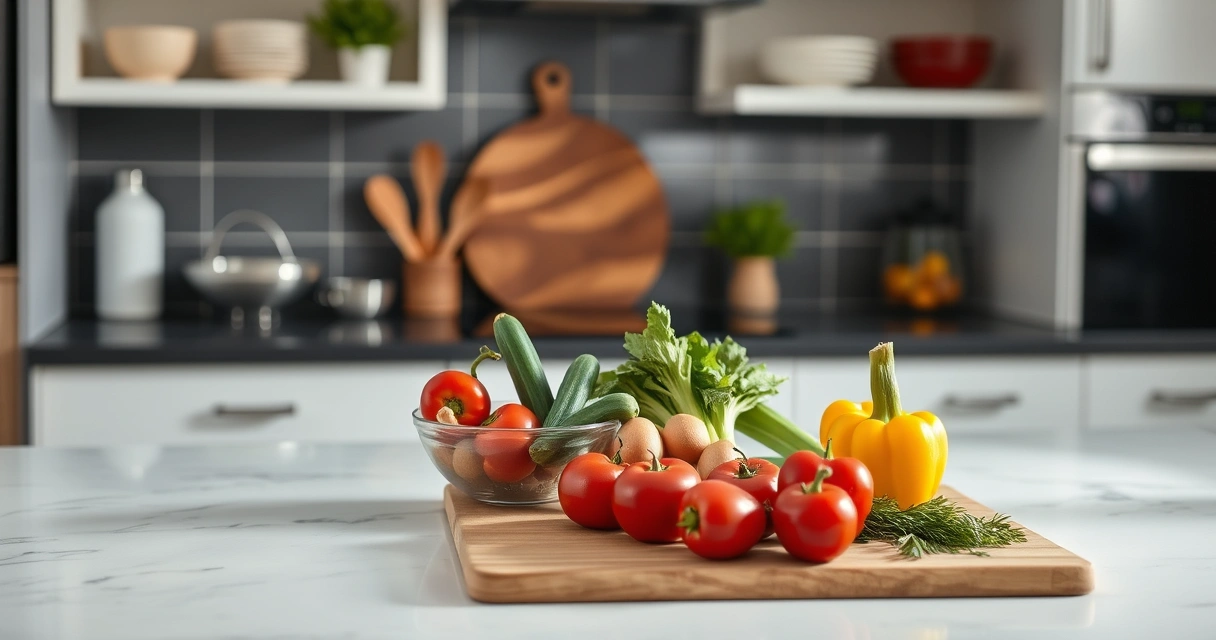 Bancada de cozinha com tábua, tigelas e legumes frescos
