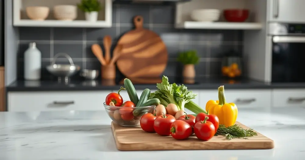 Bancada de cozinha com tábua, tigelas e legumes frescos