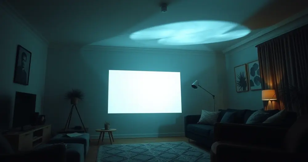 Projetor caseiro exibindo imagem numa parede de sala