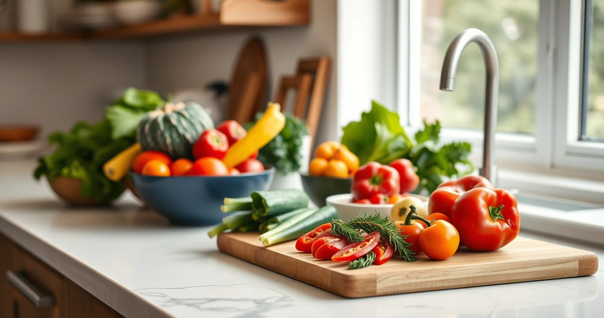 Bancada de cozinha com tábua, tigelas e legumes frescos