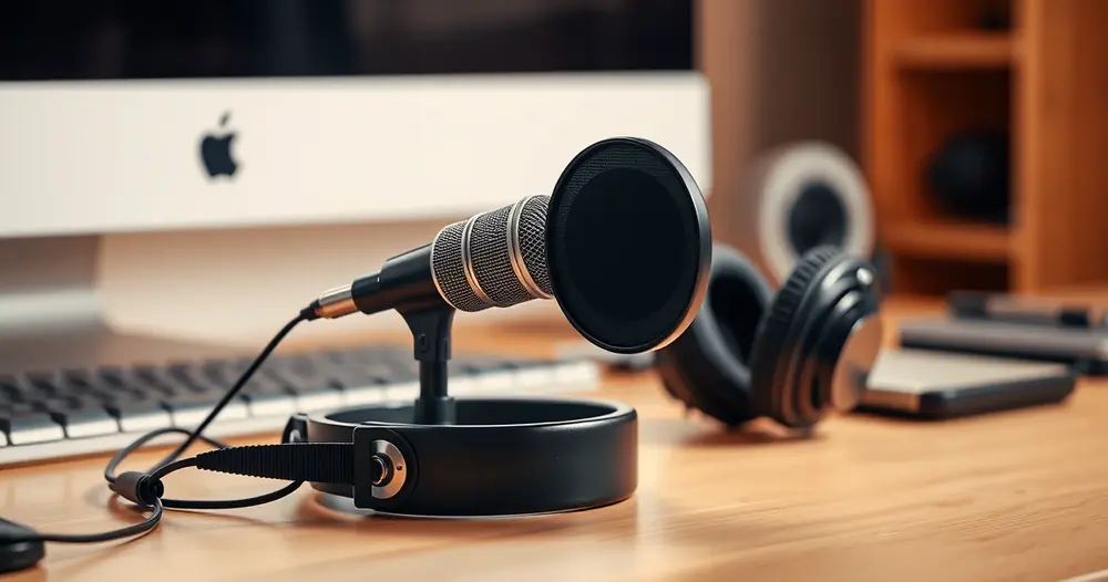 Microfone de podcast e fones de ouvido sobre a mesa