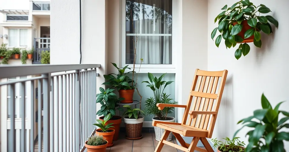 Varanda pequena com plantas em vasos e uma cadeira de madeira