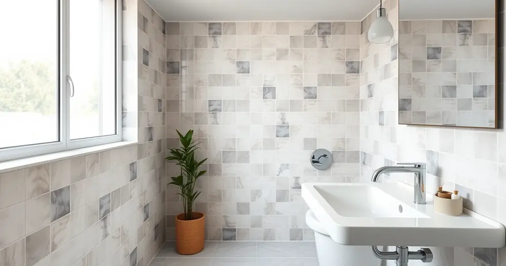 Banheiro moderno e limpo, com azulejos e uma planta