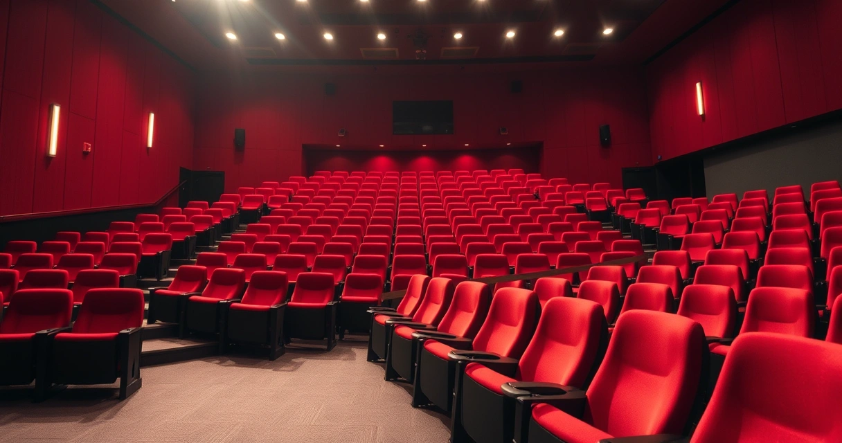 Sala de cinema vazia com poltronas vermelhas