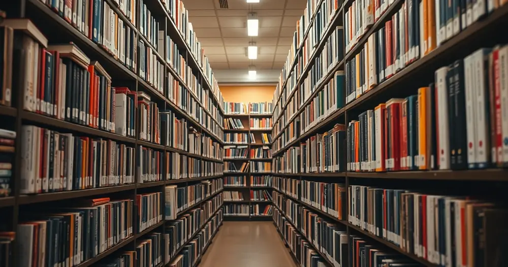 Estantes de biblioteca cheias de livros, com luz quente