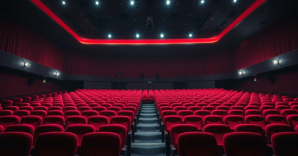Sala de cinema vazia, com poltronas vermelhas e luz baixa