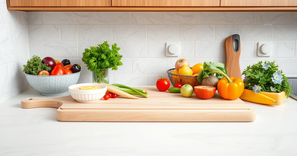 Bancada de cozinha com tábua, tigelas e legumes frescos