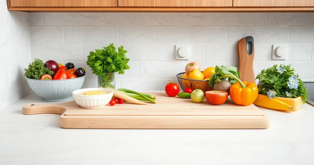 Bancada de cozinha com tábua, tigelas e legumes frescos