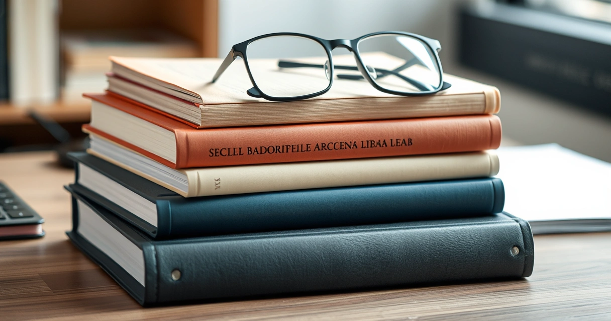 Pilha de livros e óculos de leitura sobre uma escrivaninha