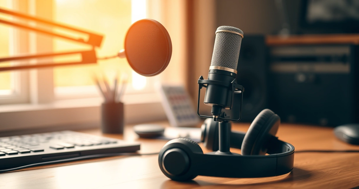 Microfone de podcast e fones de ouvido sobre a mesa