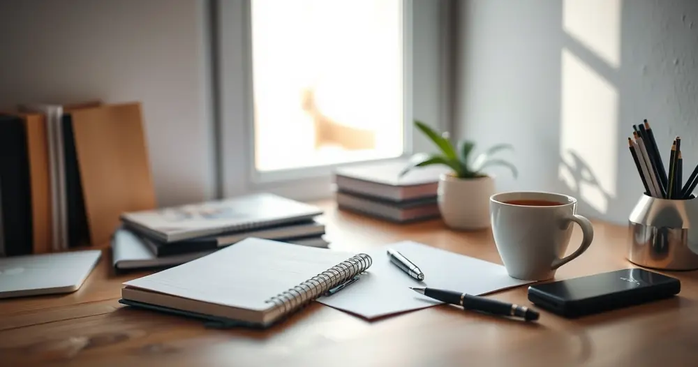Escrivaninha organizada com caderno, caneta e xícara de café