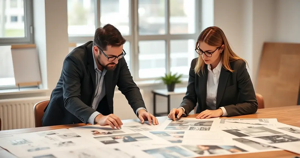 Duas pessoas analisando layouts impressos sobre uma mesa grande