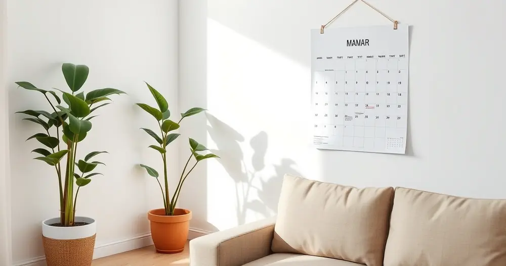 Calendário de parede e um vaso de planta no canto de uma sala