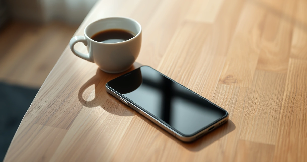 Celular sobre uma mesa de madeira, ao lado de uma xícara de café