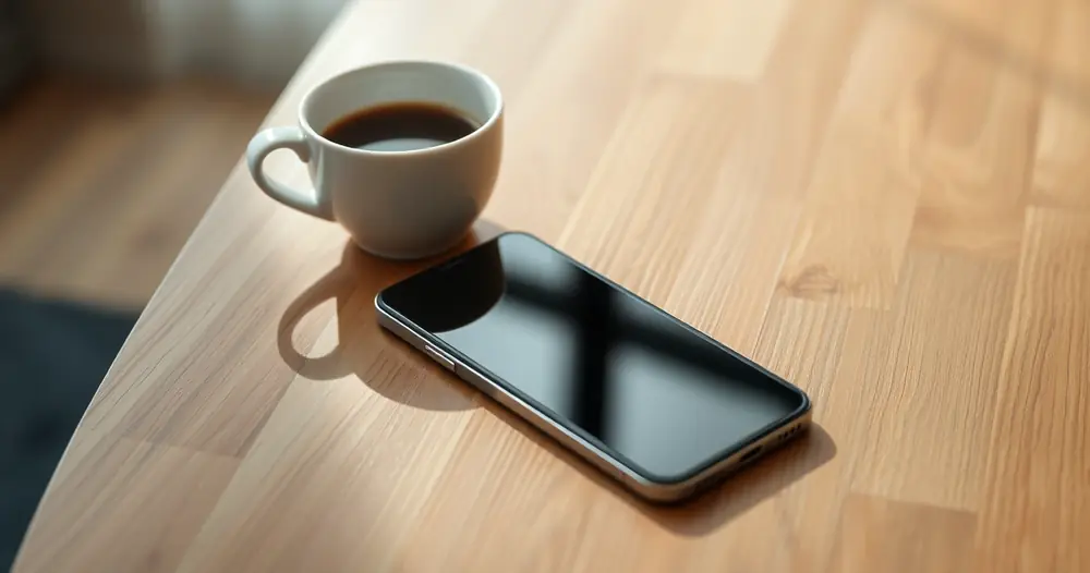 Celular sobre uma mesa de madeira, ao lado de uma xícara de café