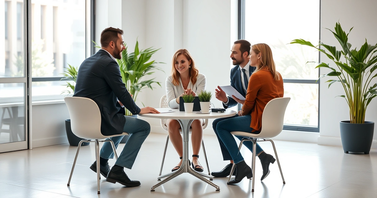 Três pessoas conversando ao redor de uma mesa num escritório claro