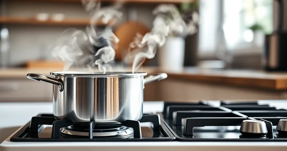 Panela sobre o fogão, com vapor subindo, e a bancada desfocada ao fundo