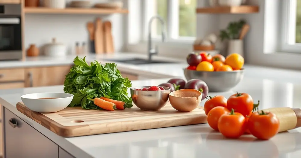 Bancada de cozinha com tábua, tigelas e legumes frescos