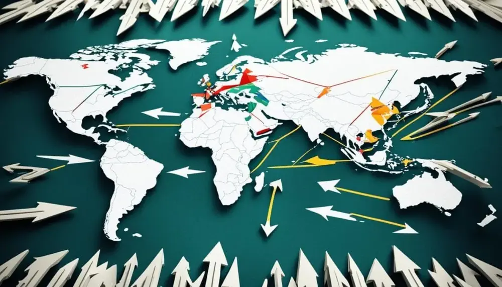 Mapa-múndi com setas apontando para vários destinos