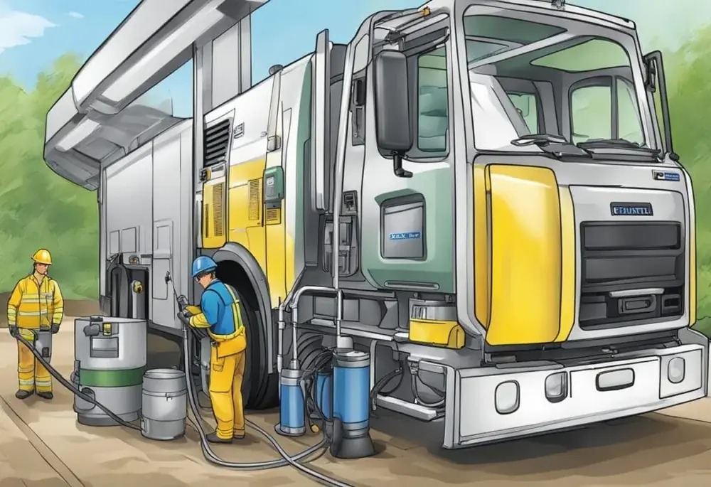Ilustração de um caminhão de serviço com operários trabalhando ao lado
