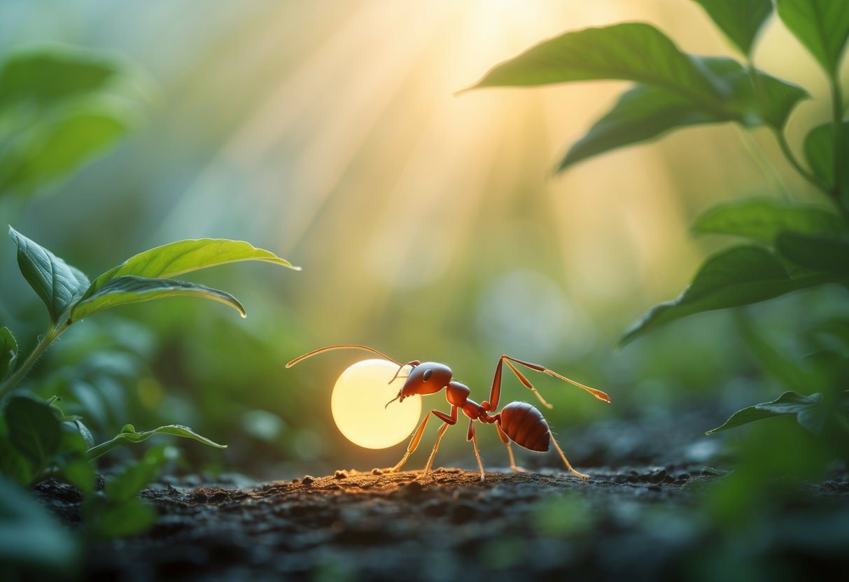 Uma formiga carregando uma pequena luz brilhante nas costas, em um ambiente natural com folhas verdes e luz suave ao fundo.