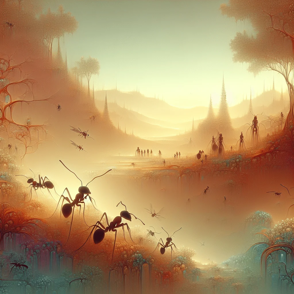 Uma formiga carregando uma pequena luz brilhante nas costas, em um ambiente natural com folhas verdes e luz suave ao fundo.