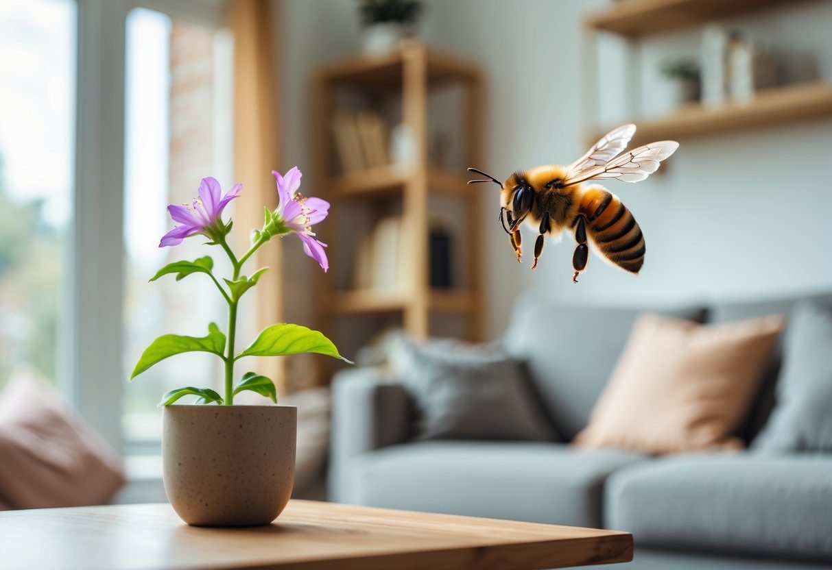 Uma abelha voando próxima a uma planta com flores dentro de uma sala de estar iluminada e aconchegante.
