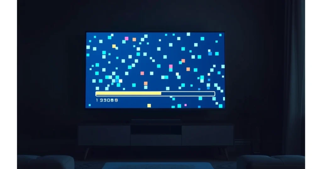 televisão com imagem congelada em blocos na sala escura